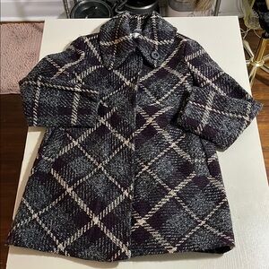 Womens Plaid Wool-Blend Short Coat - Black & Cream